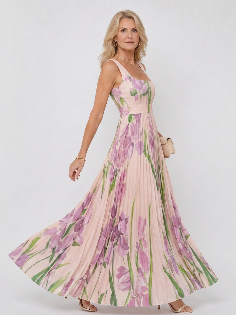 Midi Jurk zonder Mouwen met Vierkante Halslijn en Elegante Plooien