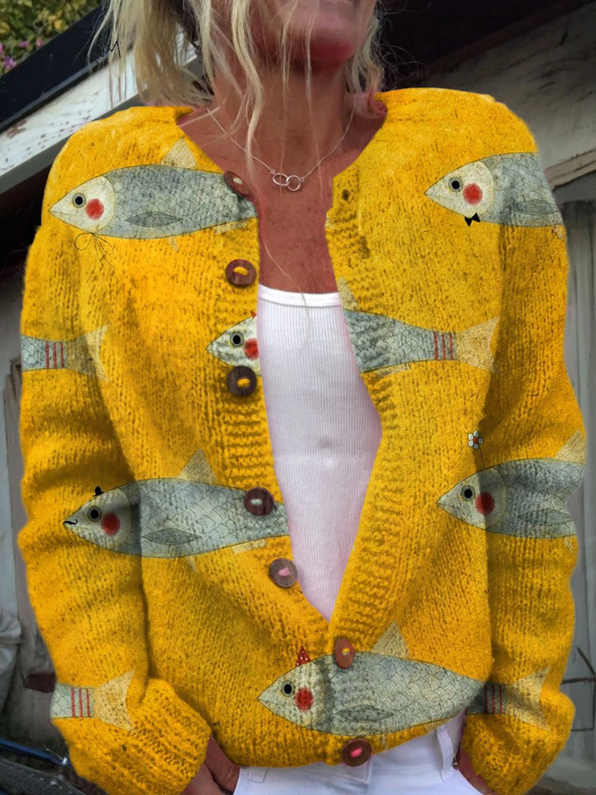 Laurette | Gebreide Cardigan met vissenprint