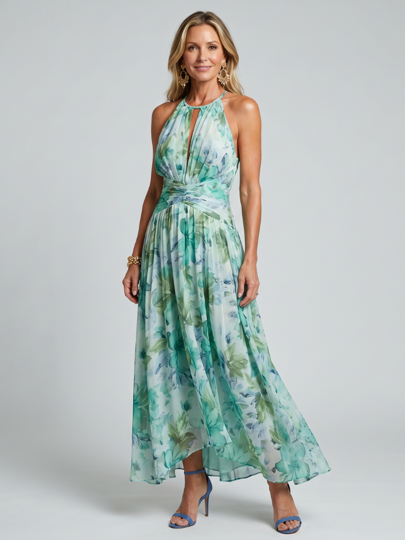 Midi Jurk Portia in Plissé met Halternek en Bloemenprint