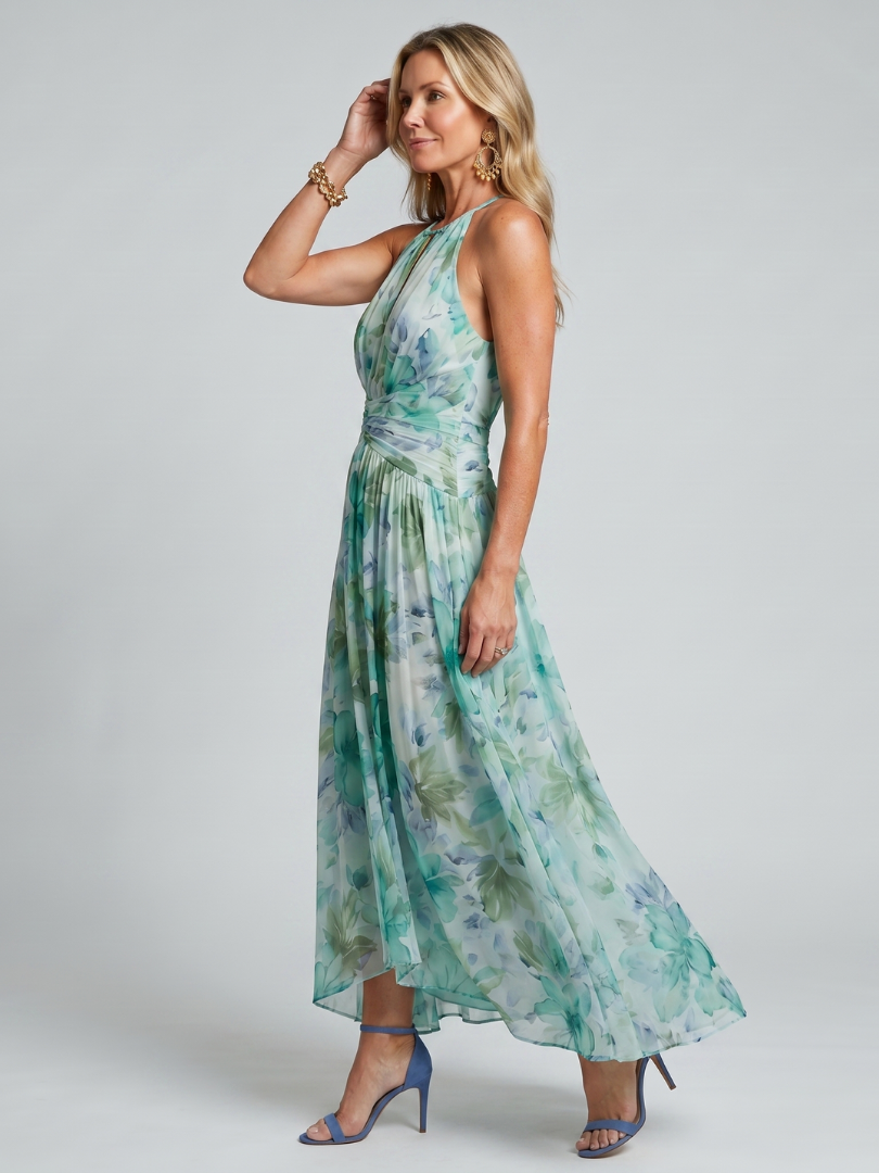 Midi Jurk Portia in Plissé met Halternek en Bloemenprint