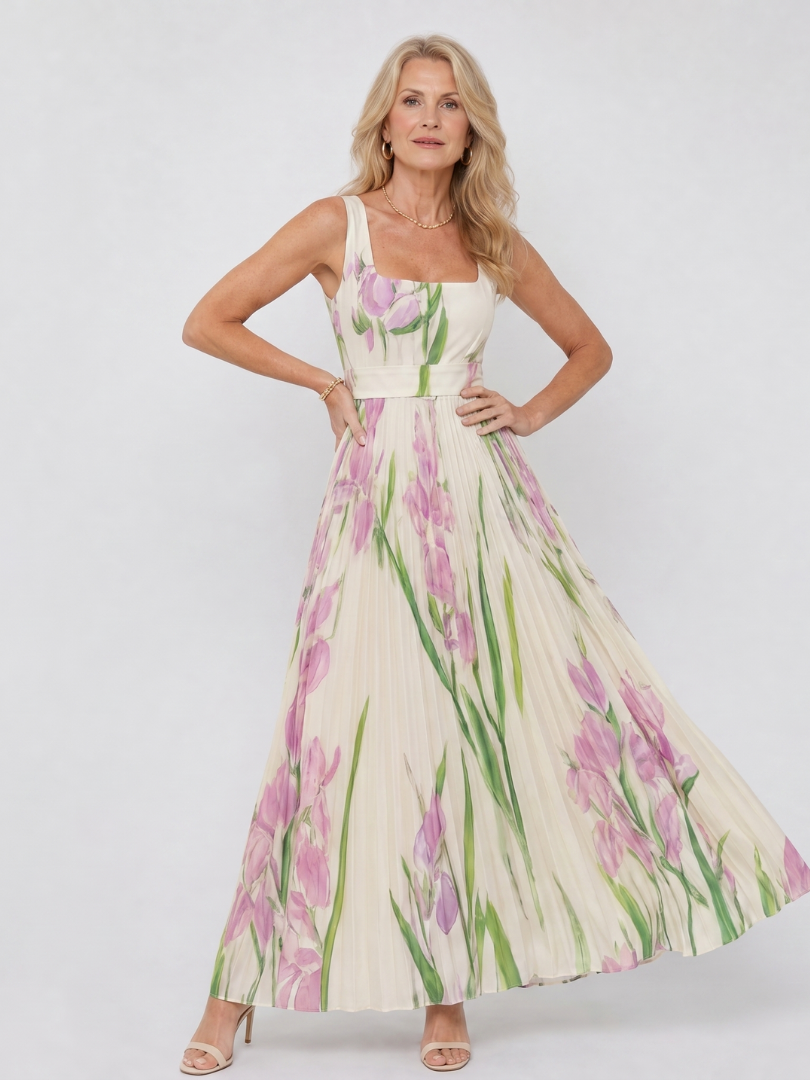 Midi Jurk zonder Mouwen met Vierkante Halslijn en Elegante Plooien