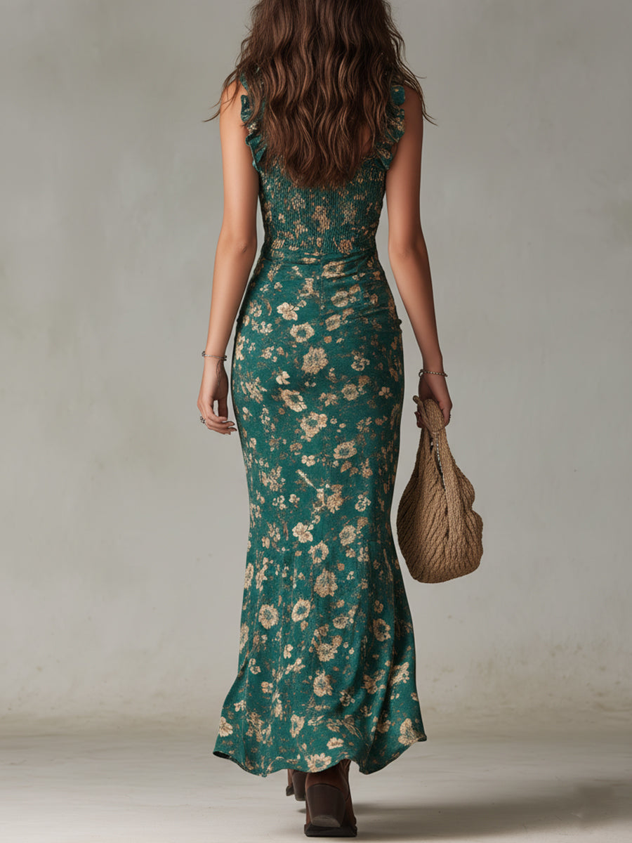 Retro bohemian lange jurk met pofmouwen en elegante split