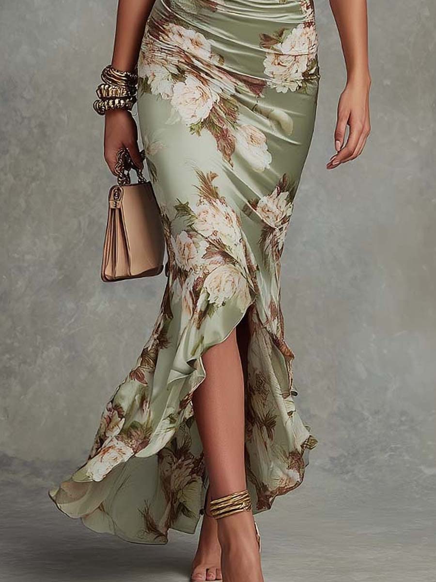 Asymmetrische lange groene jurk met V-hals - Ana