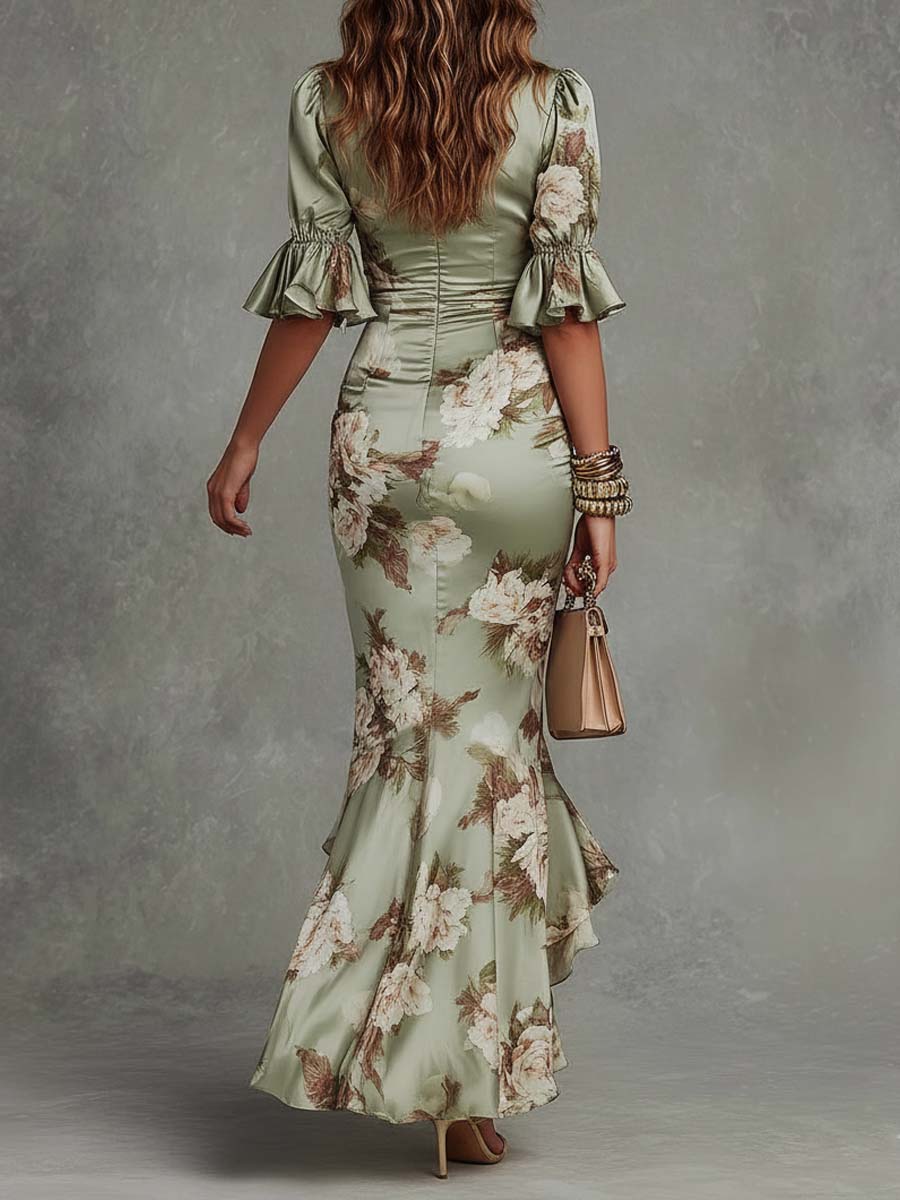 Asymmetrische lange groene jurk met V-hals - Ana