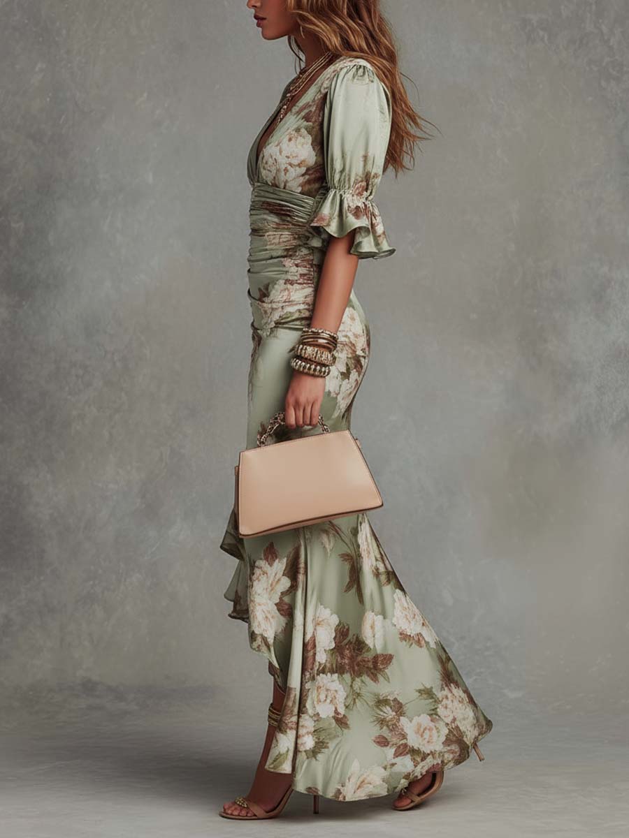 Asymmetrische lange groene jurk met V-hals - Ana