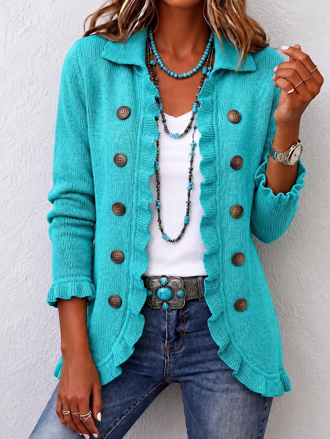 Synthia | Turquoise blazers met volants