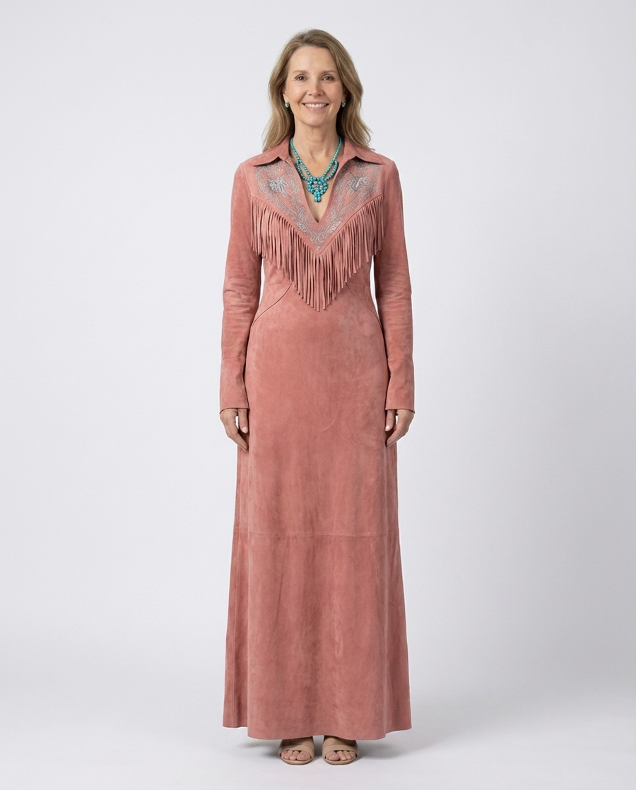 Vintage Western Tassel Geborduurde Roze Jurk