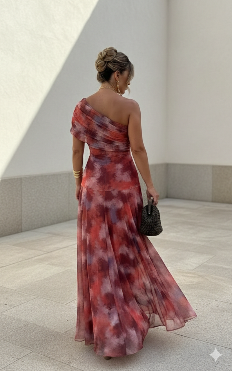 Lange, vloeiende jurk, tijdloze elegantie bij Maison Claire en Sylvie